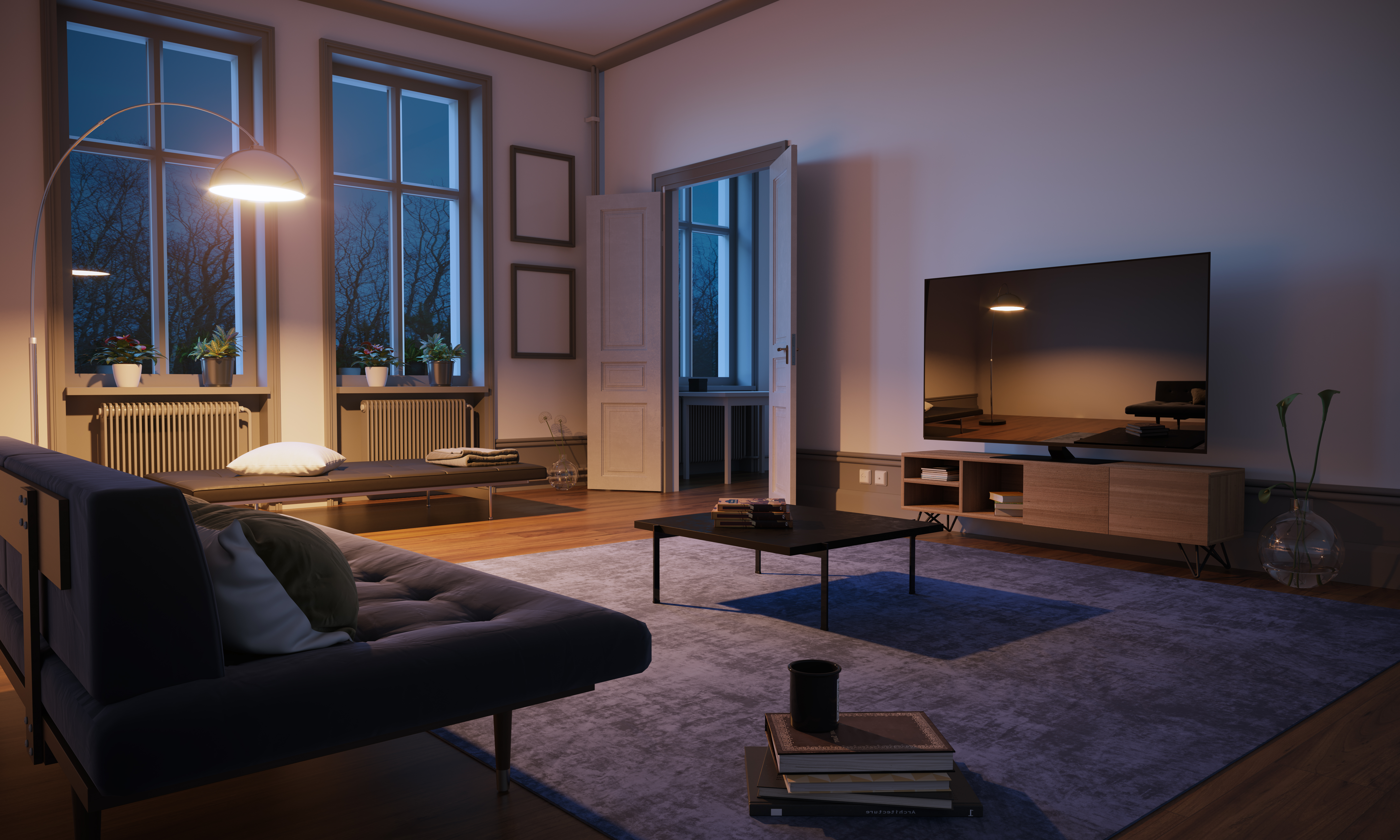 Scandinavian style and minimalist designed living room interior scene in the evening. ( 3d render )