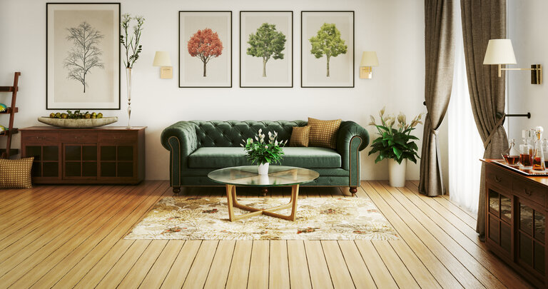 Digitally generated luxurious and stylish home interior (living room) with high-quality furniture and props. This digitally generated image was rendered with photorealistic shaders and lighting in Autodesk® 3ds Max 2016 with V-Ray 3.6 and post-processed with a creative film style for more impact and atmospheric mood.