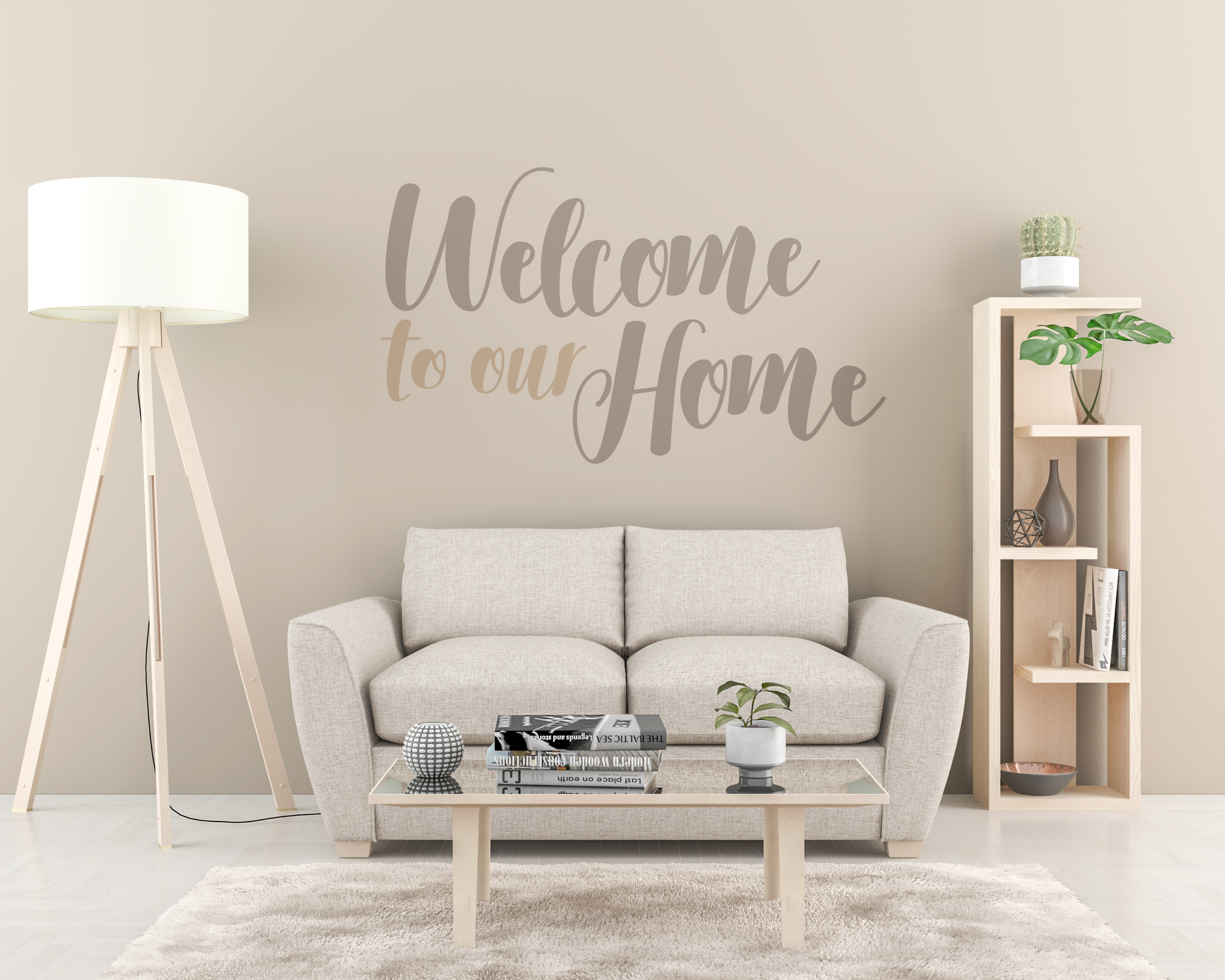 Welcome to our home, sticker on the wall. Interior with sofa, lamp, table and carpet on the floor. 3D illustration