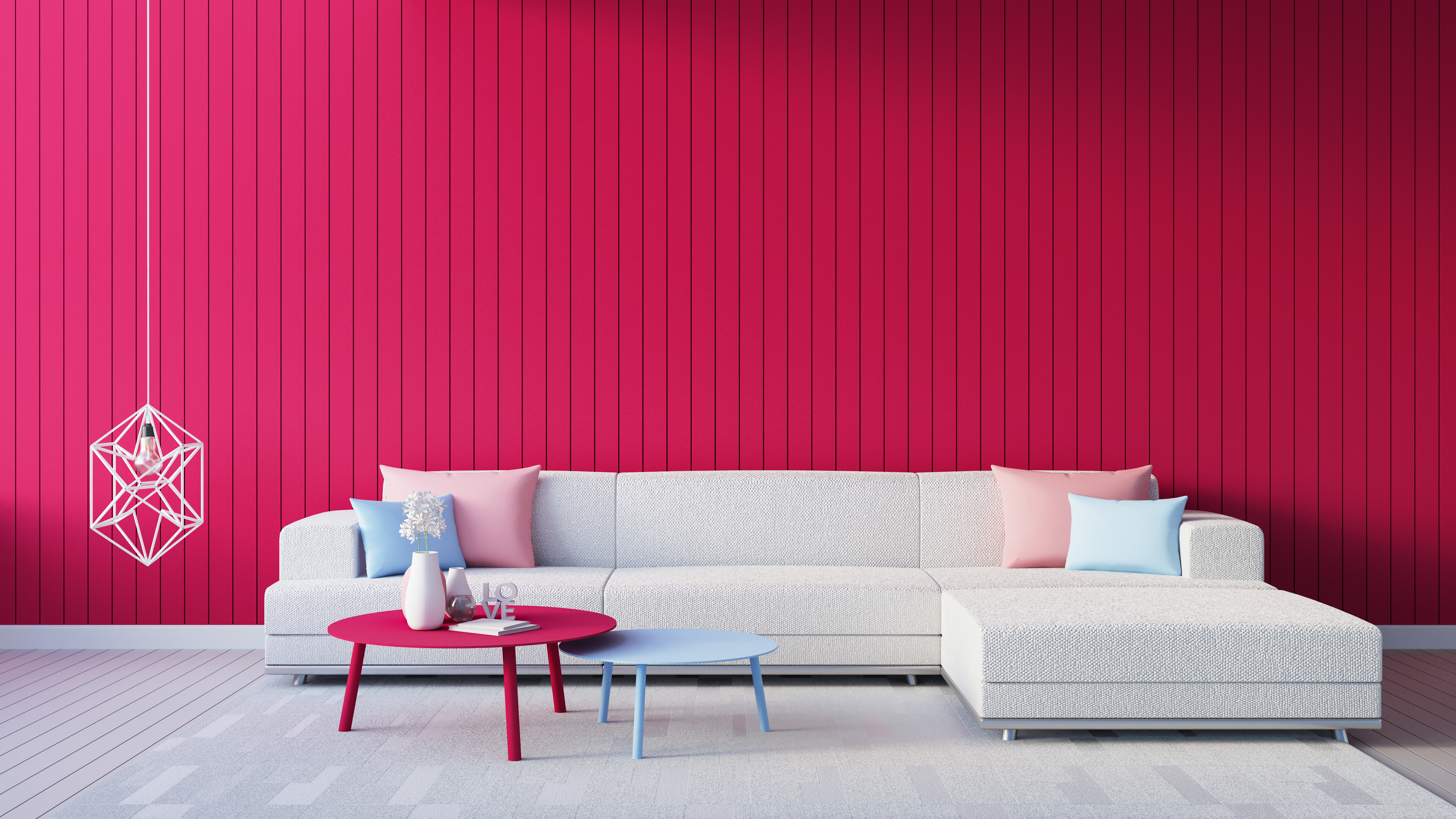 Viva Magenta red wall color of the year 2023 living room interior - 3D rendering